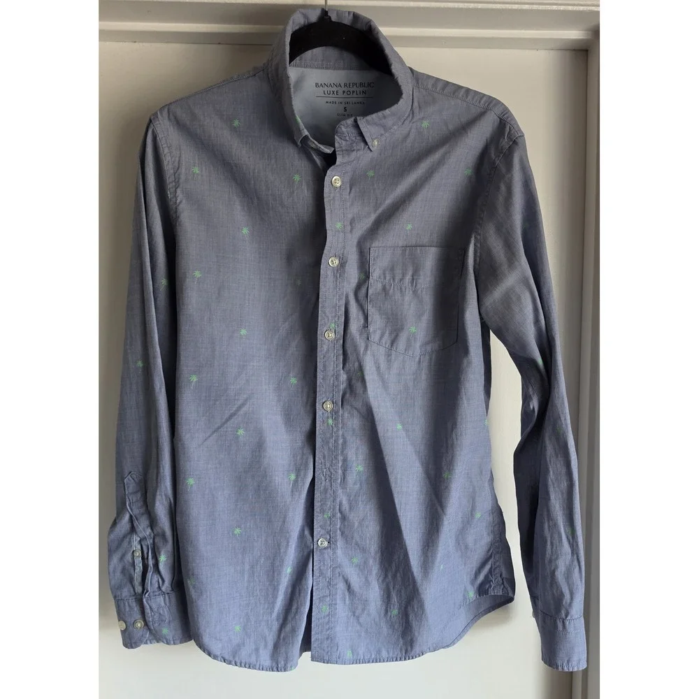 Banana Republic Men S Button-Down Shirt Blue Palm Tree Print Long Sleeve Cotton